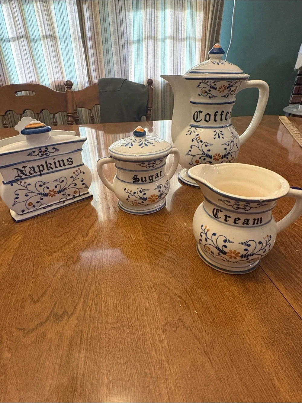 Hand-Painted Blue & Cream Ceramic Coffee Set with Sugar, Creamer & Napkin Holder